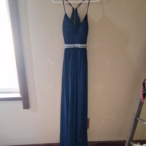 Honey and Rosie Blue Sleeveless Halter Gown for Prom